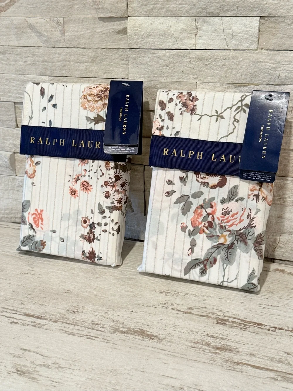 Ralph Lauren Thompson Cotton Floral Stripe Set Of 2 King Pillow Shams $430 NWT
